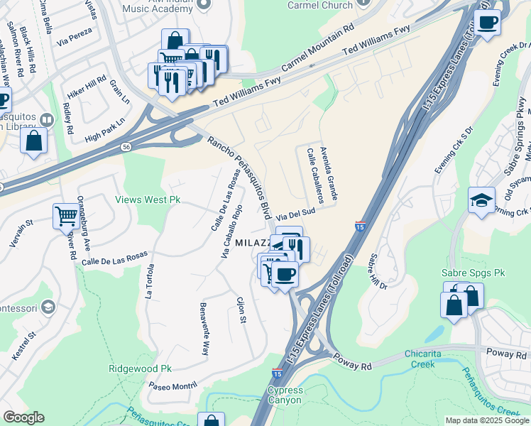 map of restaurants, bars, coffee shops, grocery stores, and more near 13030 Rancho Penasquitos Boulevard in San Diego