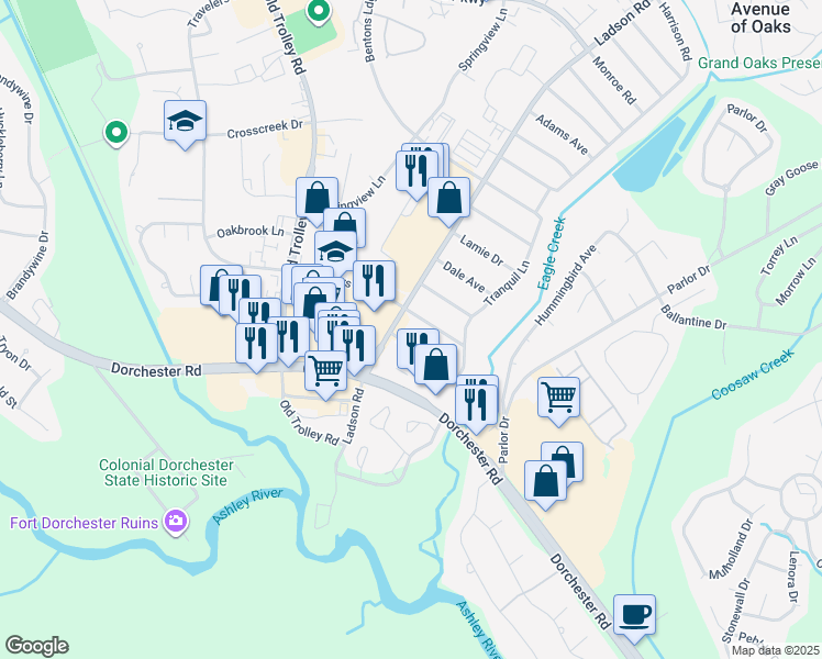 map of restaurants, bars, coffee shops, grocery stores, and more near 4651 Ladson Road in Ladson