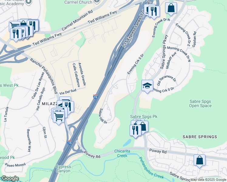 map of restaurants, bars, coffee shops, grocery stores, and more near 10880 Sabre Hill Drive in San Diego
