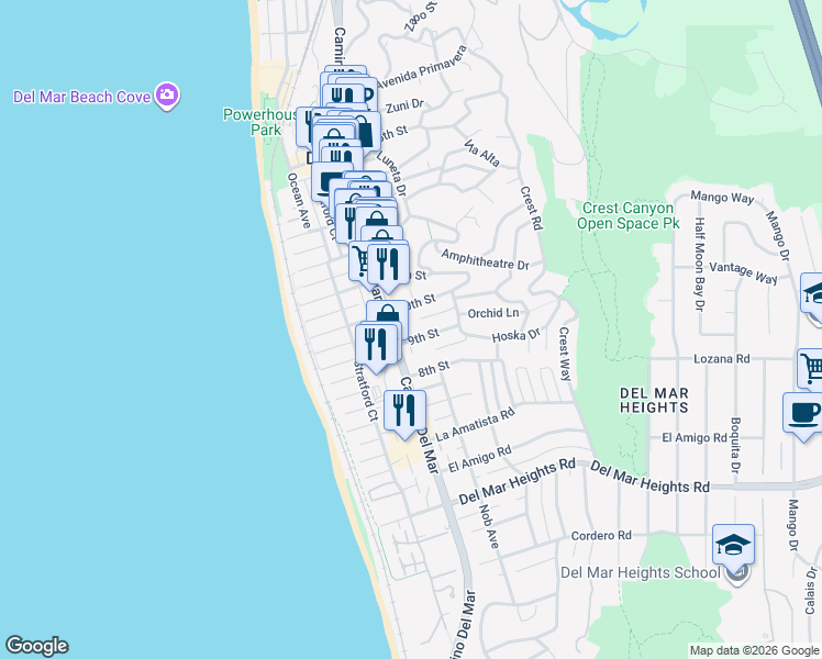 map of restaurants, bars, coffee shops, grocery stores, and more near 328 9th Street in Del Mar