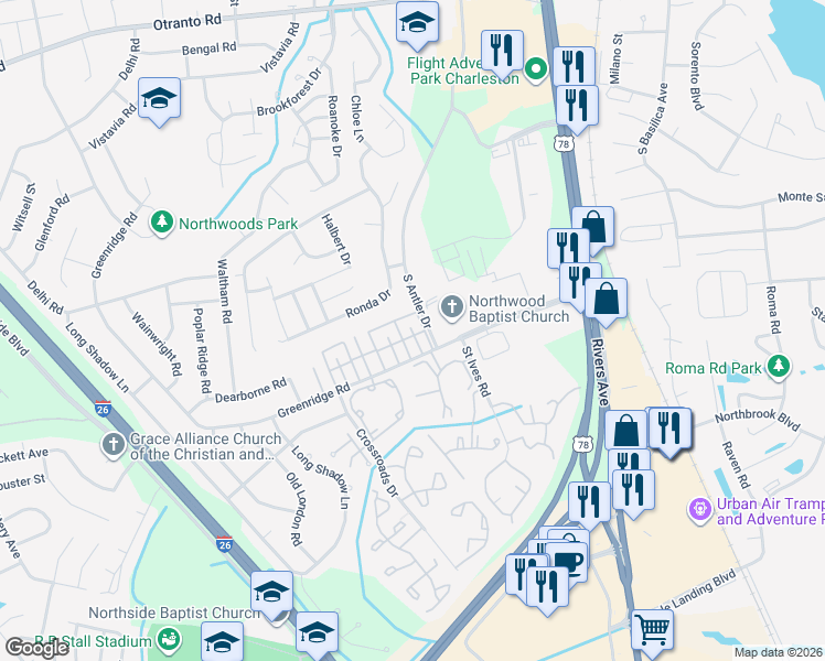 map of restaurants, bars, coffee shops, grocery stores, and more near 8112 Prestwick Court in North Charleston