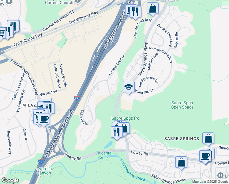 map of restaurants, bars, coffee shops, grocery stores, and more near 35 Evening Creek Drive South in San Diego