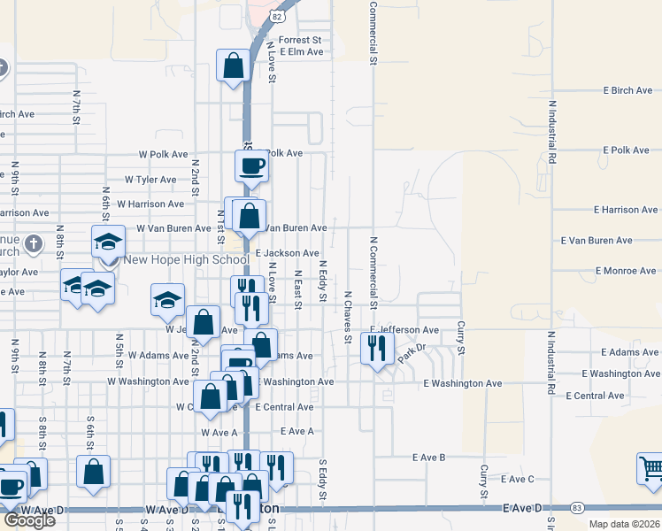 map of restaurants, bars, coffee shops, grocery stores, and more near 601 North Chaves Street in Lovington