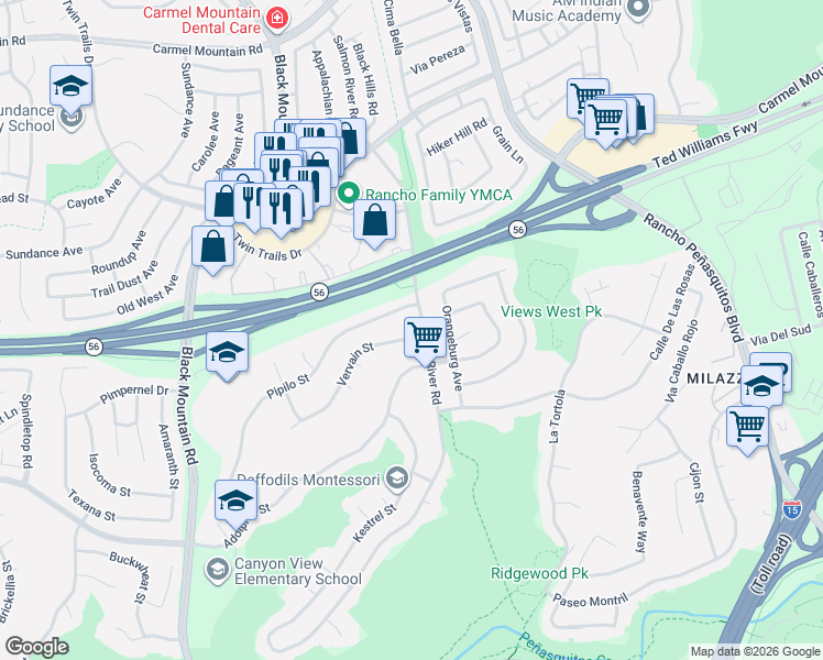 map of restaurants, bars, coffee shops, grocery stores, and more near 9581 Vervain Street in San Diego
