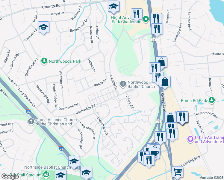 map of restaurants, bars, coffee shops, grocery stores, and more near 8112 Prestwick Court in North Charleston
