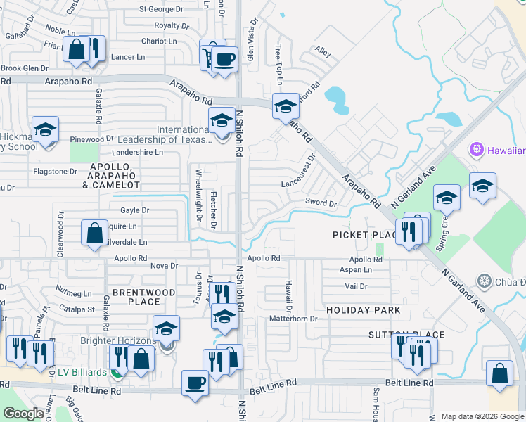 map of restaurants, bars, coffee shops, grocery stores, and more near 3902 Arrowcrest Lane in Garland