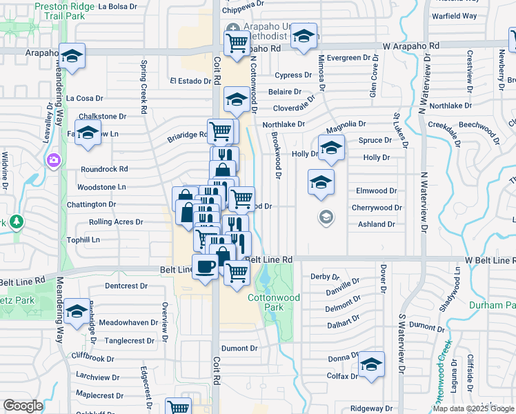 map of restaurants, bars, coffee shops, grocery stores, and more near 133 North Cottonwood Drive in Richardson