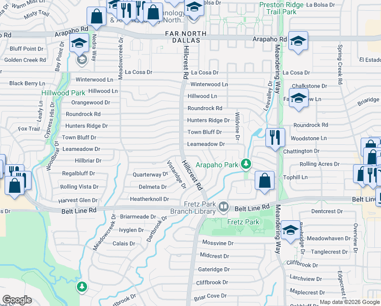 map of restaurants, bars, coffee shops, grocery stores, and more near 14951 Knollview Drive in Dallas