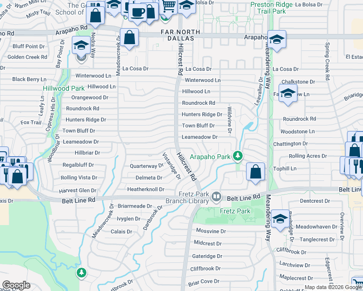 map of restaurants, bars, coffee shops, grocery stores, and more near 14951 Knollview Drive in Dallas