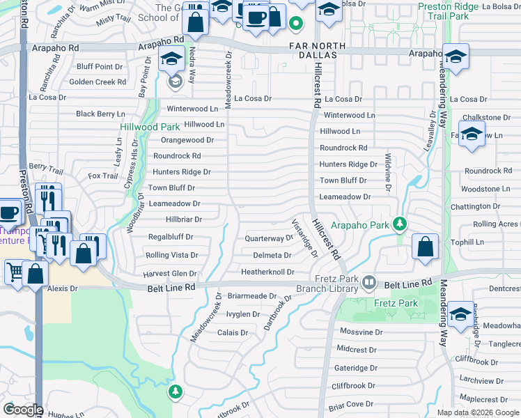 map of restaurants, bars, coffee shops, grocery stores, and more near 6817 Vineridge Drive in Dallas