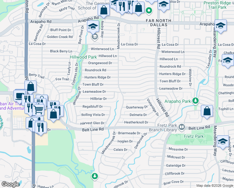 map of restaurants, bars, coffee shops, grocery stores, and more near 6764 Hillbriar Drive in Dallas