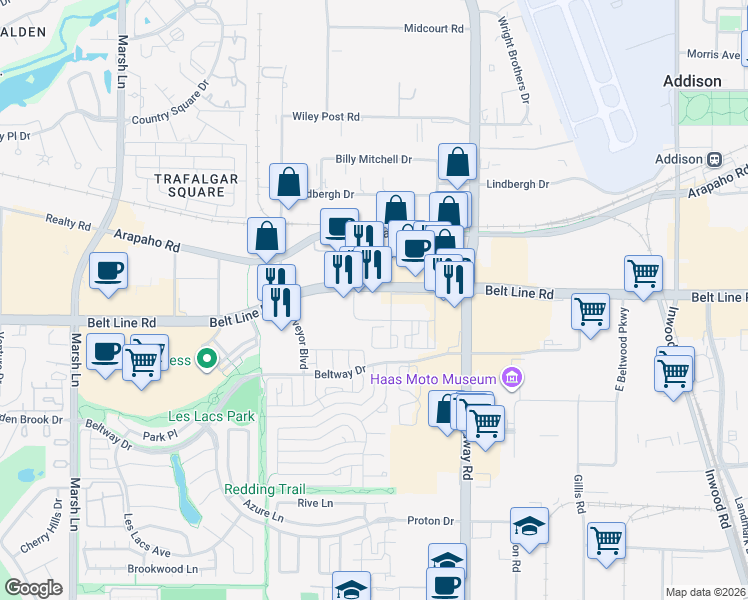 map of restaurants, bars, coffee shops, grocery stores, and more near 4100 Belt Line Road in Addison
