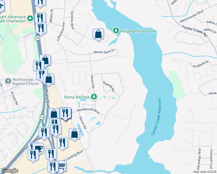 map of restaurants, bars, coffee shops, grocery stores, and more near 1319 Starling Road in Hanahan