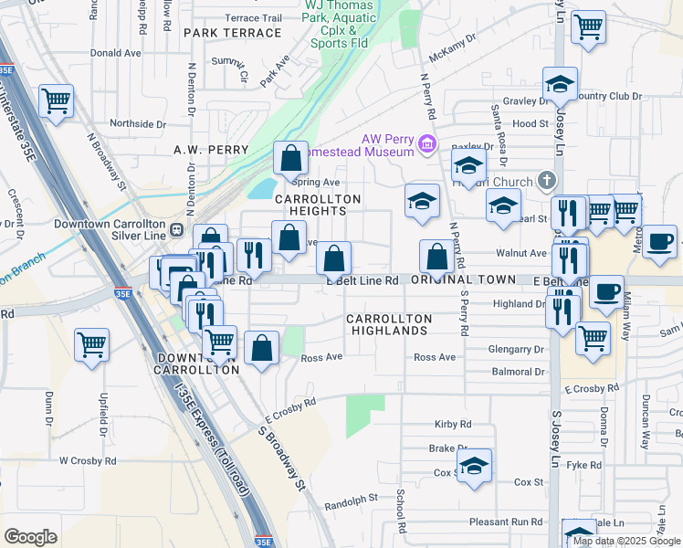 map of restaurants, bars, coffee shops, grocery stores, and more near 1600 East Belt Line Road in Carrollton