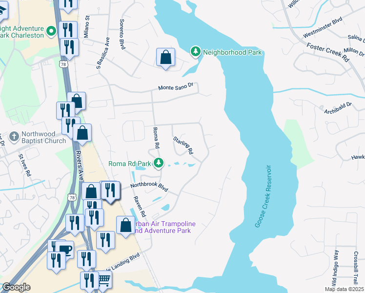 map of restaurants, bars, coffee shops, grocery stores, and more near 1307 Starling Road in Hanahan