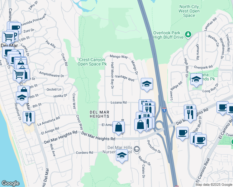 map of restaurants, bars, coffee shops, grocery stores, and more near 2460 Malibu Way in Del Mar