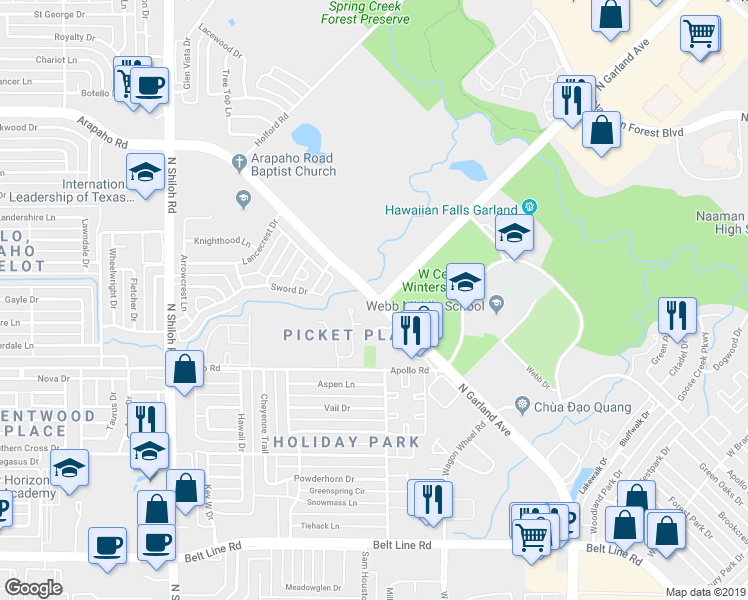 map of restaurants, bars, coffee shops, grocery stores, and more near 5519 Arapaho Road in Garland