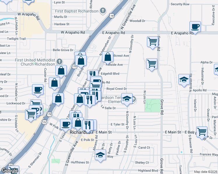 map of restaurants, bars, coffee shops, grocery stores, and more near 419 Royal Crest Drive in Richardson