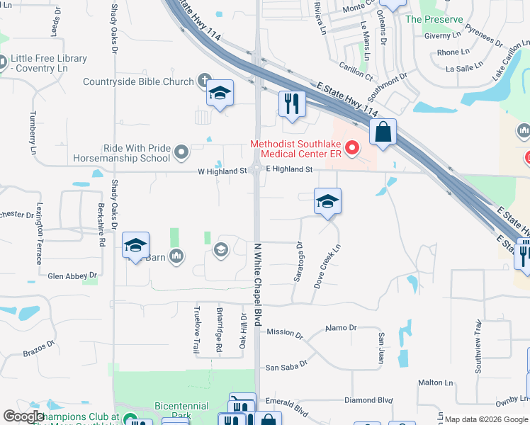 map of restaurants, bars, coffee shops, grocery stores, and more near 923 Dove Creek Trail in Southlake