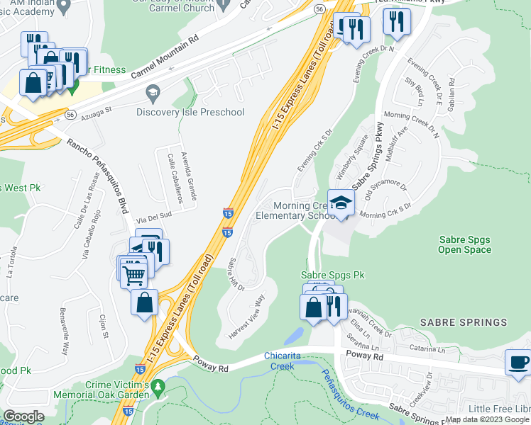 map of restaurants, bars, coffee shops, grocery stores, and more near 10878 Sabre Hill Drive in San Diego