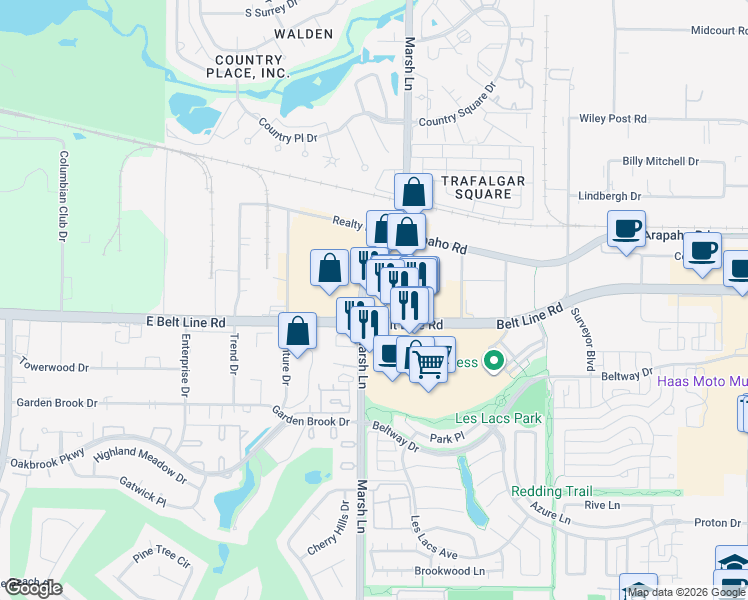 map of restaurants, bars, coffee shops, grocery stores, and more near 3701 Belt Line Road in Addison