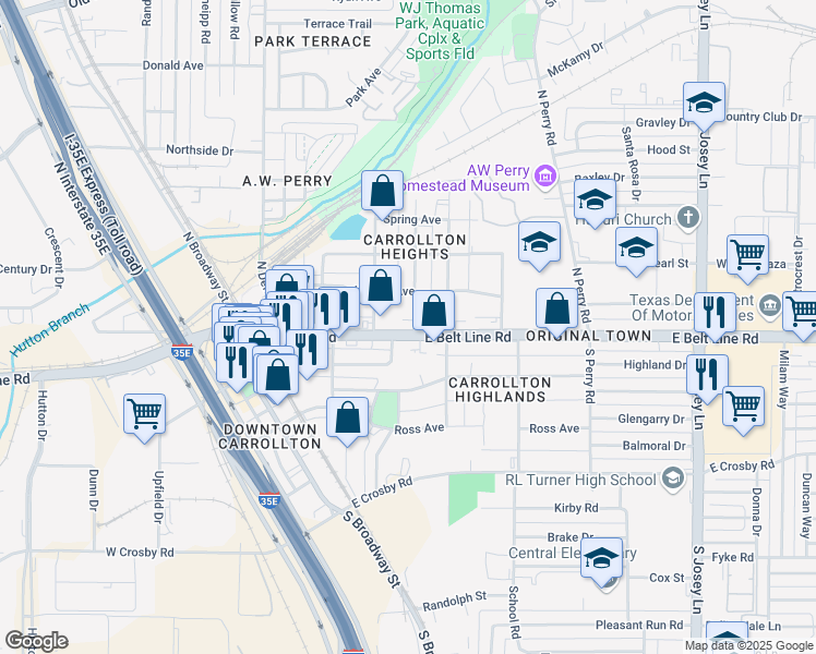 map of restaurants, bars, coffee shops, grocery stores, and more near in Carrollton