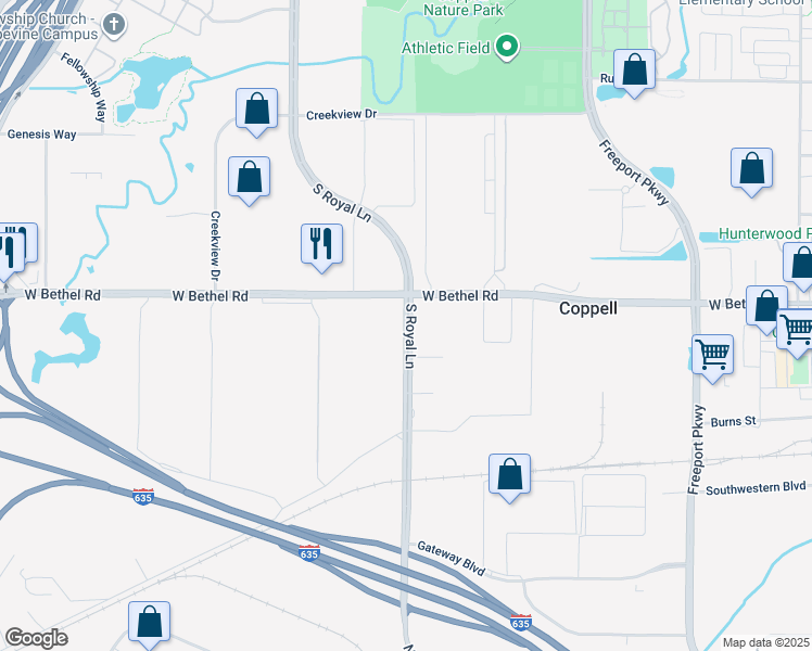 map of restaurants, bars, coffee shops, grocery stores, and more near South Royal Lane in Coppell