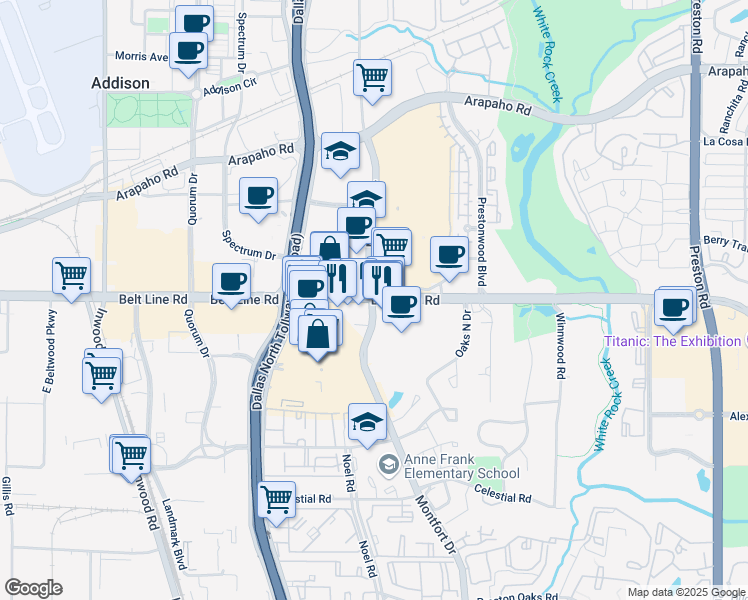 map of restaurants, bars, coffee shops, grocery stores, and more near Belt Line Rd & Montfort Dr in Dallas