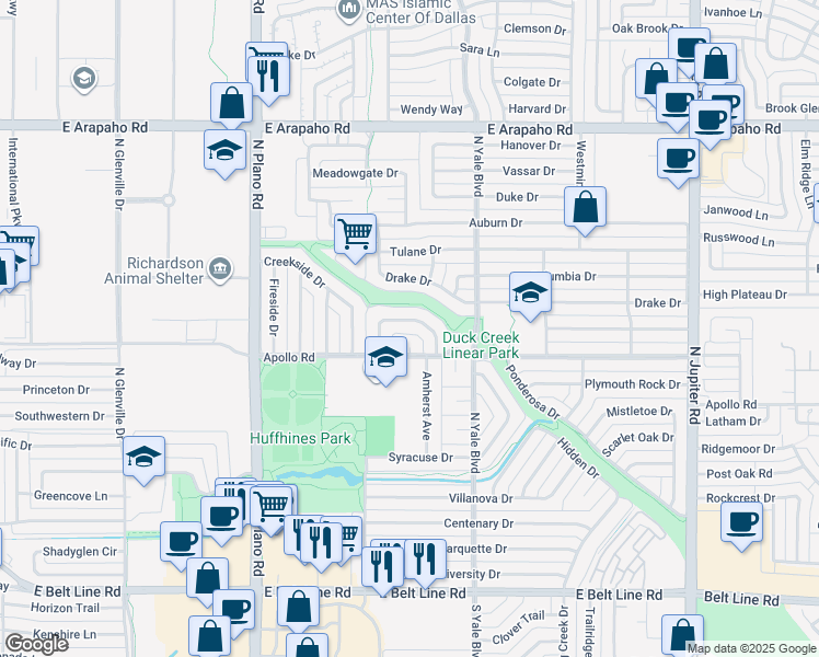 map of restaurants, bars, coffee shops, grocery stores, and more near 403 Apollo Court in Richardson
