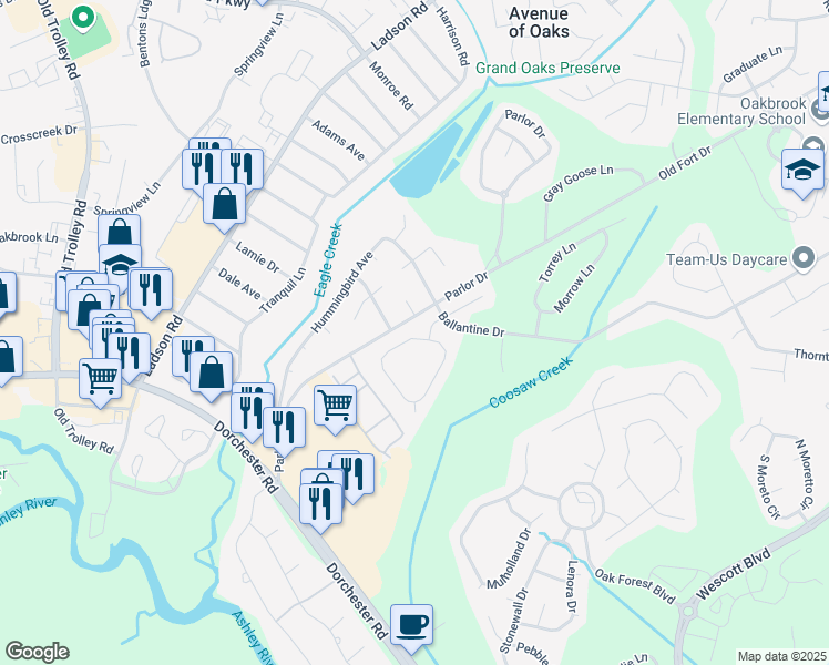 map of restaurants, bars, coffee shops, grocery stores, and more near 5217 Copley Circle in Summerville
