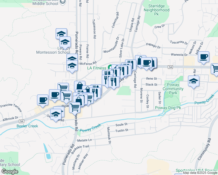 map of restaurants, bars, coffee shops, grocery stores, and more near 12631 Poway Road in Poway