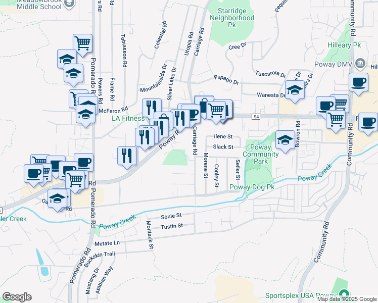 map of restaurants, bars, coffee shops, grocery stores, and more near 13042 Carriage Road in Poway