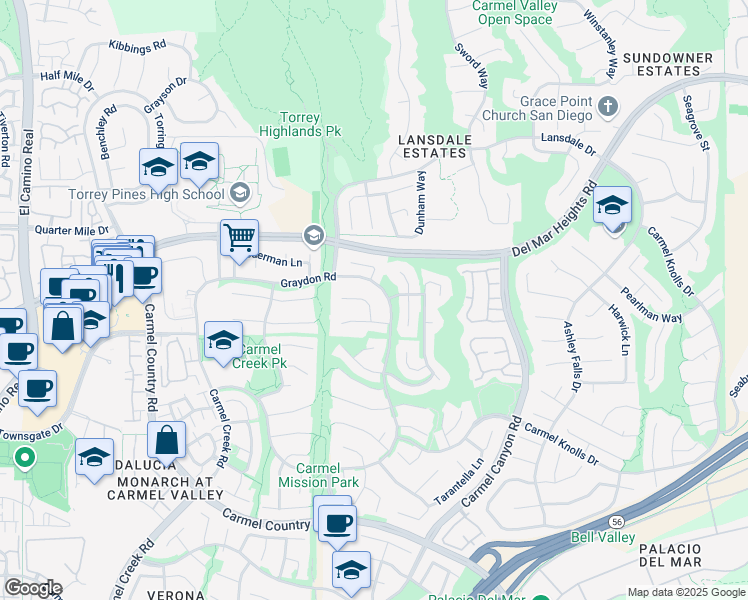 map of restaurants, bars, coffee shops, grocery stores, and more near 5026 Carmel Center Road in San Diego