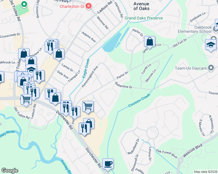 map of restaurants, bars, coffee shops, grocery stores, and more near 5217 Copley Circle in Summerville