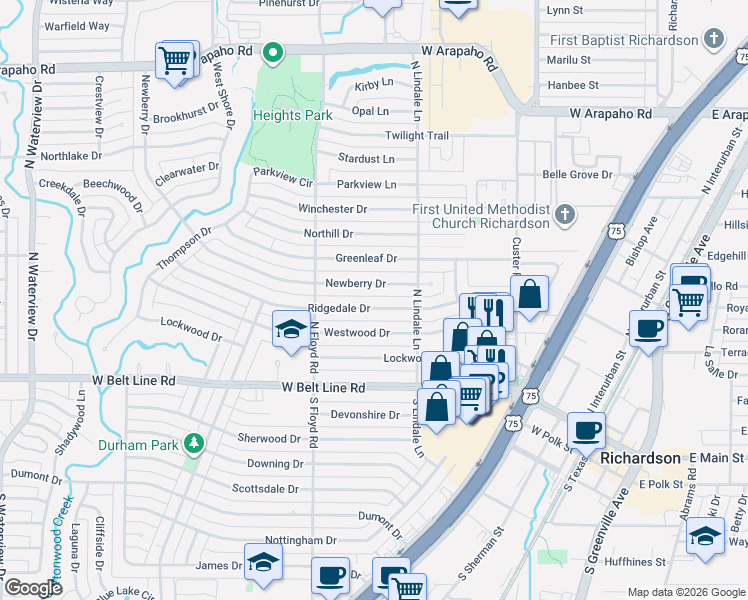 map of restaurants, bars, coffee shops, grocery stores, and more near 613 Ridgedale Drive in Richardson