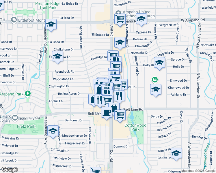 map of restaurants, bars, coffee shops, grocery stores, and more near 7989 Belt Line Road in Dallas