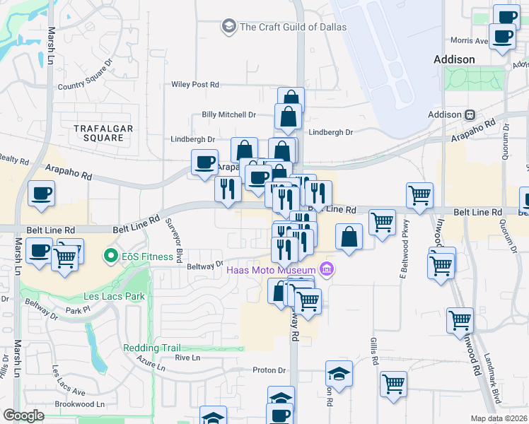 map of restaurants, bars, coffee shops, grocery stores, and more near 4150 Belt Line Road in Addison