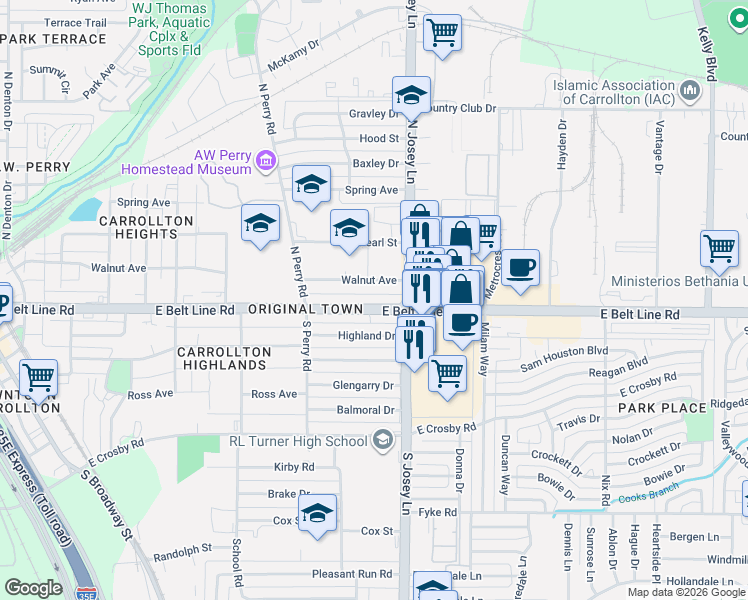 map of restaurants, bars, coffee shops, grocery stores, and more near 1830 East Belt Line Road in Carrollton