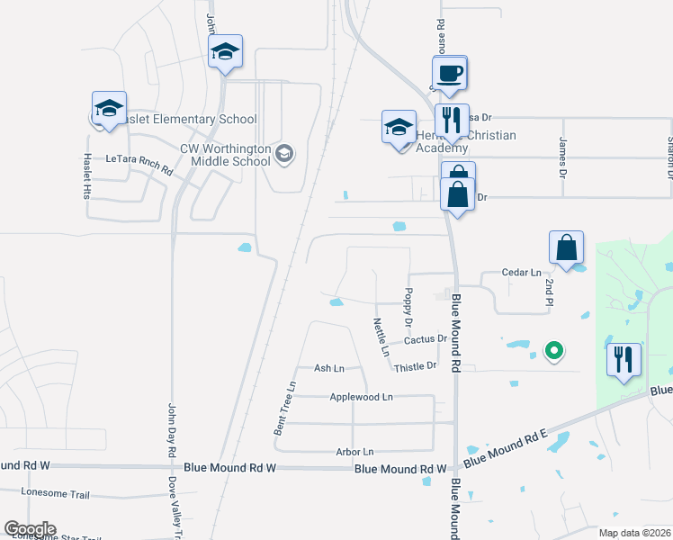 map of restaurants, bars, coffee shops, grocery stores, and more near 1410 Clover Drive in Haslet