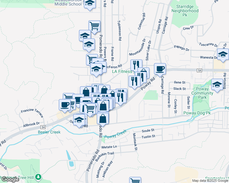map of restaurants, bars, coffee shops, grocery stores, and more near 12410 Aria Court in Poway