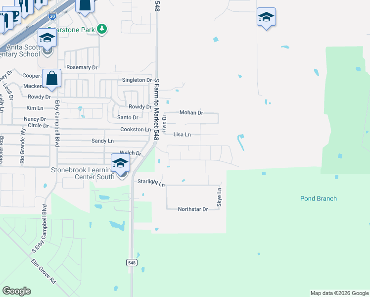map of restaurants, bars, coffee shops, grocery stores, and more near 2106 Farm to Market 548 in Royse City