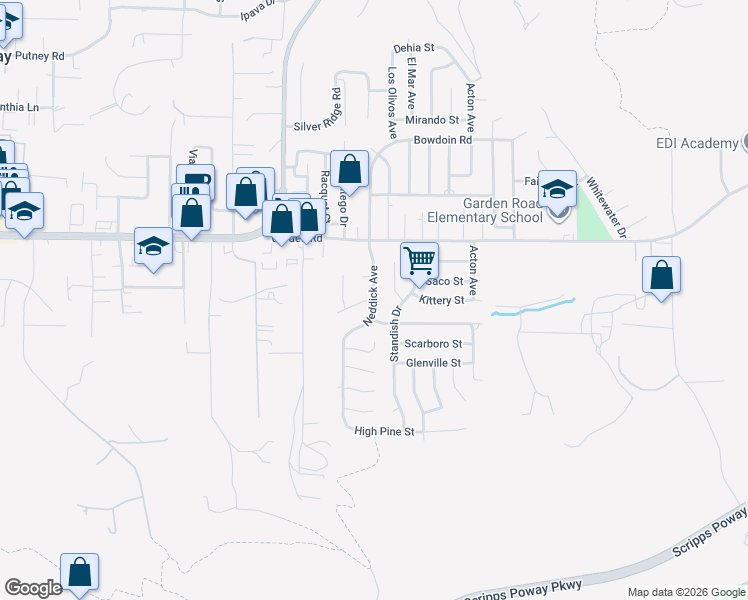 map of restaurants, bars, coffee shops, grocery stores, and more near 14398 Lolin Lane in Poway
