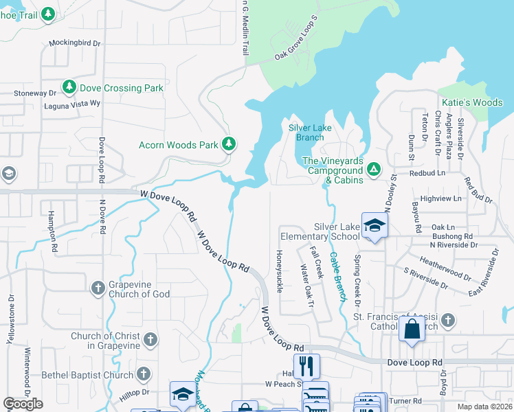 map of restaurants, bars, coffee shops, grocery stores, and more near 1251 Murrell Road in Grapevine