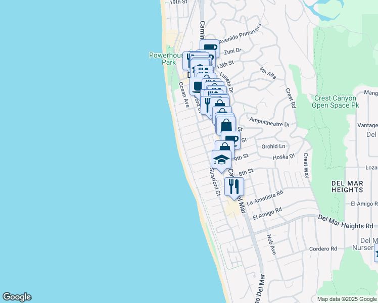 map of restaurants, bars, coffee shops, grocery stores, and more near 100 10th Street in Del Mar