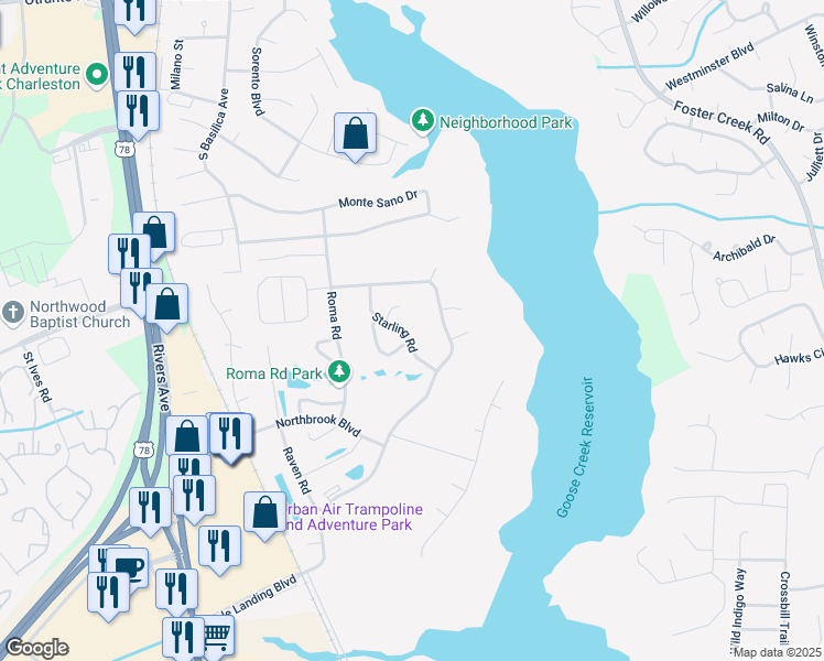 map of restaurants, bars, coffee shops, grocery stores, and more near 1319 Starling Road in Hanahan
