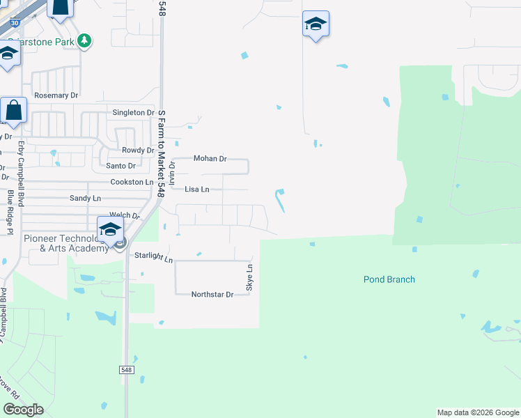 map of restaurants, bars, coffee shops, grocery stores, and more near 2400 Skye Lane in Royse City