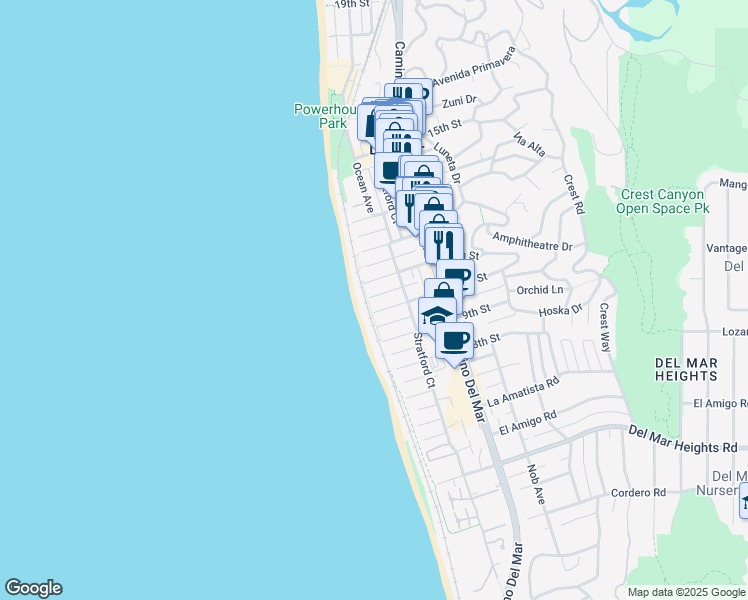 map of restaurants, bars, coffee shops, grocery stores, and more near 100 10th Street in Del Mar