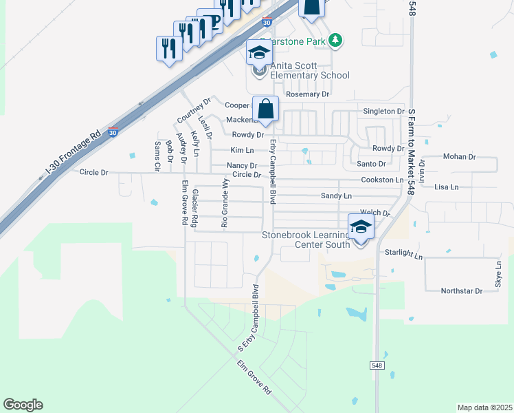 map of restaurants, bars, coffee shops, grocery stores, and more near 3316 Flatiron Drive in Royse City