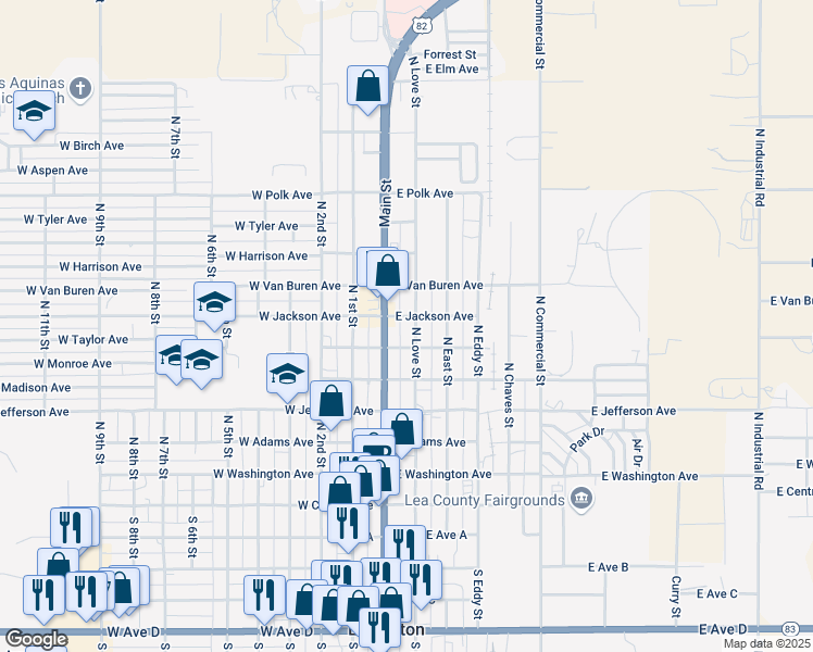 map of restaurants, bars, coffee shops, grocery stores, and more near 600-698 N Main Ave in Lovington