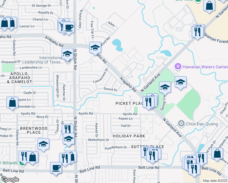 map of restaurants, bars, coffee shops, grocery stores, and more near 2114 Sword Drive in Garland